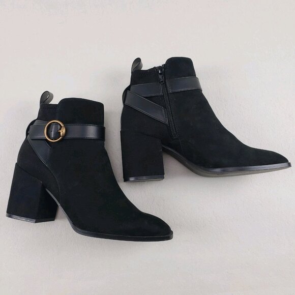 Vionic Tenley Ankle Boot Womens 7.5 Black Suede Side Zip Buckle Comfort Heeled - Picture 3 of 14